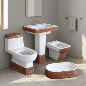Designer Ceramic Sanitary Ware Bathroom Set WC Basin Pedestal <b>Table</b> Top Wash Basin and <b>Wall</b> Hung Wooden White Double Color - Product Image 5