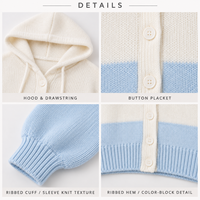 Cardigan en tricot à capuche personnalisé pour femme, color block, boutonné, court, avec manches bouffantes, pour tenue décontractée quotidienne