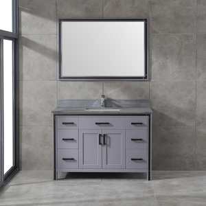 Ensemble de meuble-lavabo de salle de bain en bois massif gris industriel avec miroir, armoire autoportante à 7 tiroirs et plan de travail en pierre, style farmhouse - Product Image 1