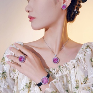 Wholesale Hot Style Fashion Jewelry Eco-friendly Copper 16-10mm Pink Cubic Zirconia Leather Bracelet Women Set for Women - Product Image 6