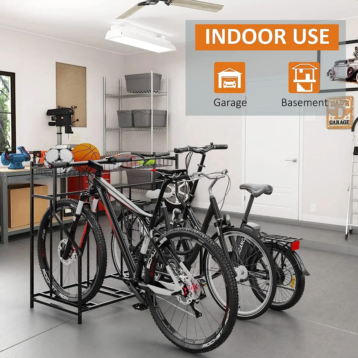 4 Bicycle Rack Garage with Storage Basket Bike Steel Freestanding Indoor Bike Storage Rack Floor Standing Bike Stand Racks