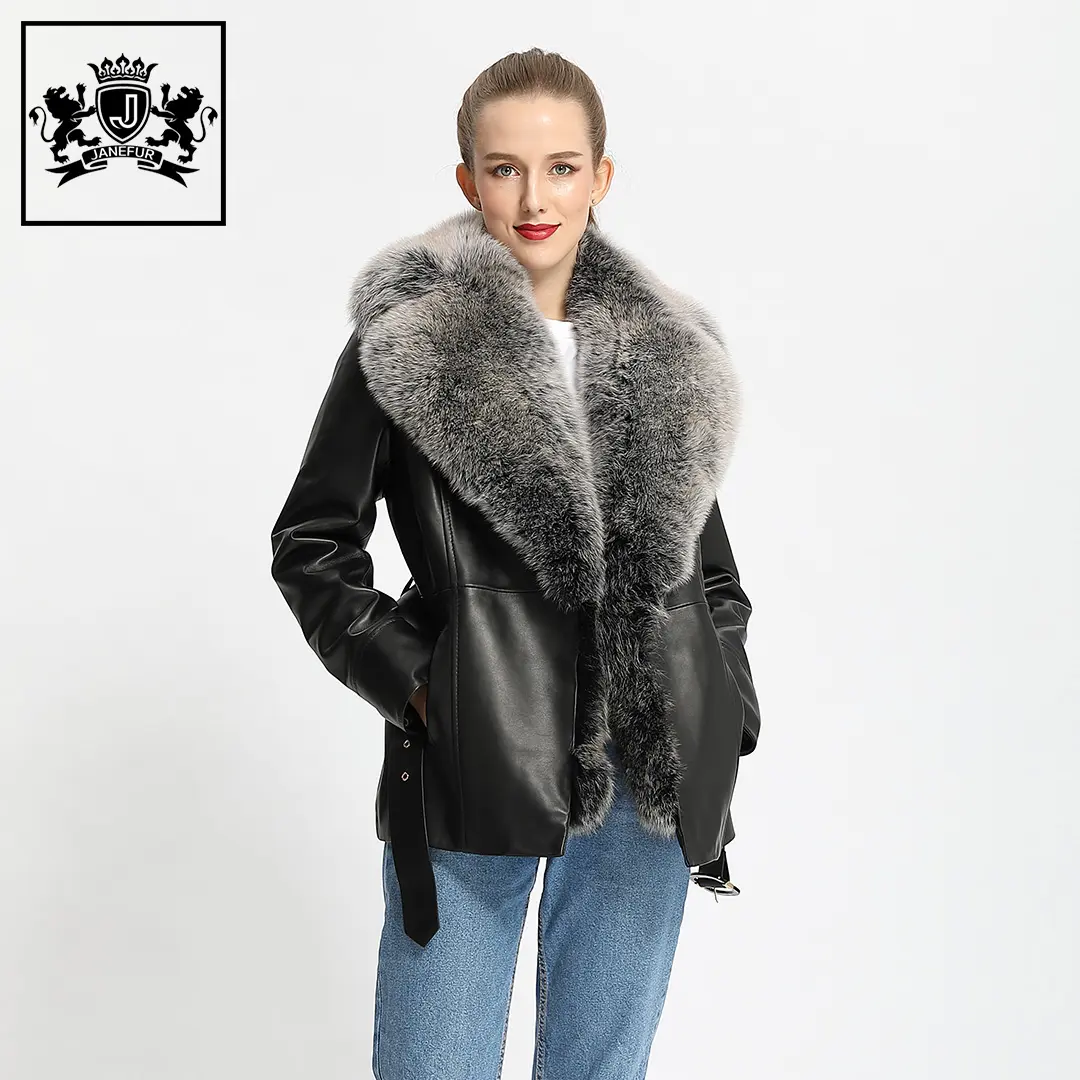 Manteau de luxe avec ceinture et col en fourrure de renard, veste d'hiver en cuir véritable, tendance, noir pour femmes, 2020