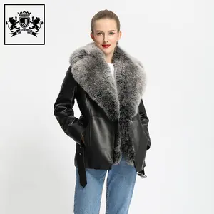 New Arrival Trendy Black Luxury Ladies Sheep Skin Belted Coat with Full Real Fox Fur Collar Woman Winter Real Leather Jacket