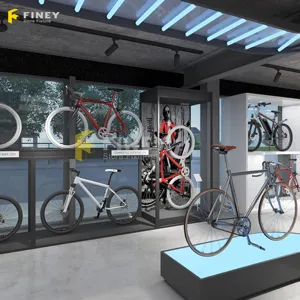 Soporte de suelo de madera Estante de exhibición de bicicleta Diseño de tienda Decoración Diseño personalizado Tienda de bicicletas Mostradores de tienda de bicicletas
