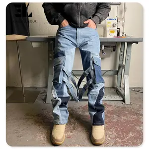 LARSUR – jean personnalisé OEM ODM pour hommes, pantalon en denim patchwork de style japonais, poches latérales, jambes droites