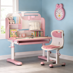 Table d'étude ergonomique pour enfants avec étagères, <span class=keywords><strong>bureau</strong></span> d'école réglable en hauteur et ensemble de chaises, bureaux d'étude à domicile pour étudiants - Product Image 2