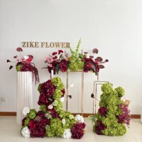 Susunan Bunga Sutra Buatan Eropa Warna Burgundy, Ivory, Putih, Mawar Hijau, dan Hydrangea Zike untuk Dekorasi Pintu Pelaminan Pernikahan