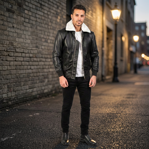 2026 Genuine Cow Leather Varsity <b>Jacket</b> <b>Men</b> <b>White</b> Fur Vintage Style Breathable Digital Printing Stand Collar Customized - Product Image 3