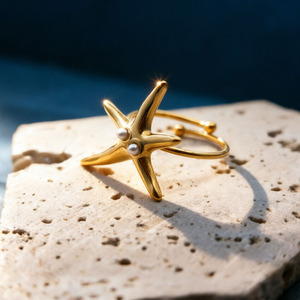 New Ocean Collection Stainless Steel <b>Open</b> <b>Ring</b> with Diamond Setting and Starfish Design 18K Gold Furnace Plated - Product Image 1