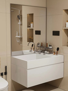 Meuble-lavabo mural moderne avec miroir sans cadre, vasque en céramique, design minimaliste, portes à fermeture douce - Product Image 3