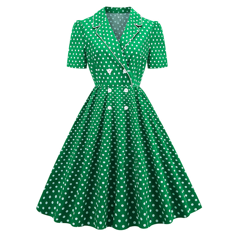 Vintage Cotton Green Short Sleeve Shirt Dresses - VM2125#