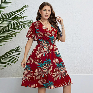 DMXF0171 Elegante Vestido de <span class=keywords><strong>Mujer</strong></span> con Cuello en V, Fruncido, de Manga Corta, con Cintura Ajustada, Estilo Bodycon, para Playa o Vacaciones, Talla Grande 4XL - Product Image 3