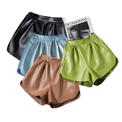 3663 High Quality Fashion Korean Style Elastic Waist Wide Plain Leg Casual Women Leather Shorts Loose