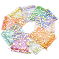 Sacs cadeaux en organza blanc avec cordon de serrage, motif cœur doré, pour bonbons et bijoux, tailles 7x9, 9x12, 15x20, vente en gros à prix réduit