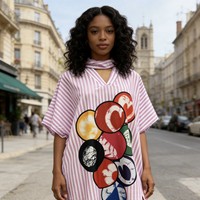Robe longue décontractée grande taille en polyester extensible à rayures bleues et blanches, coupe ample, style européen et américain, collection Printemps 2026