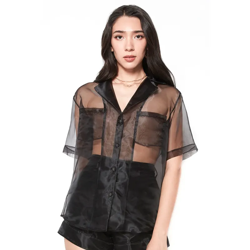 2022 Nieuwe Ontwerp Vrouwen Kleding Effen Kleur Sexy See-Through Blouse Hoge Kwaliteit Zijde Stof Vrouwen Shirt Met patch Zak