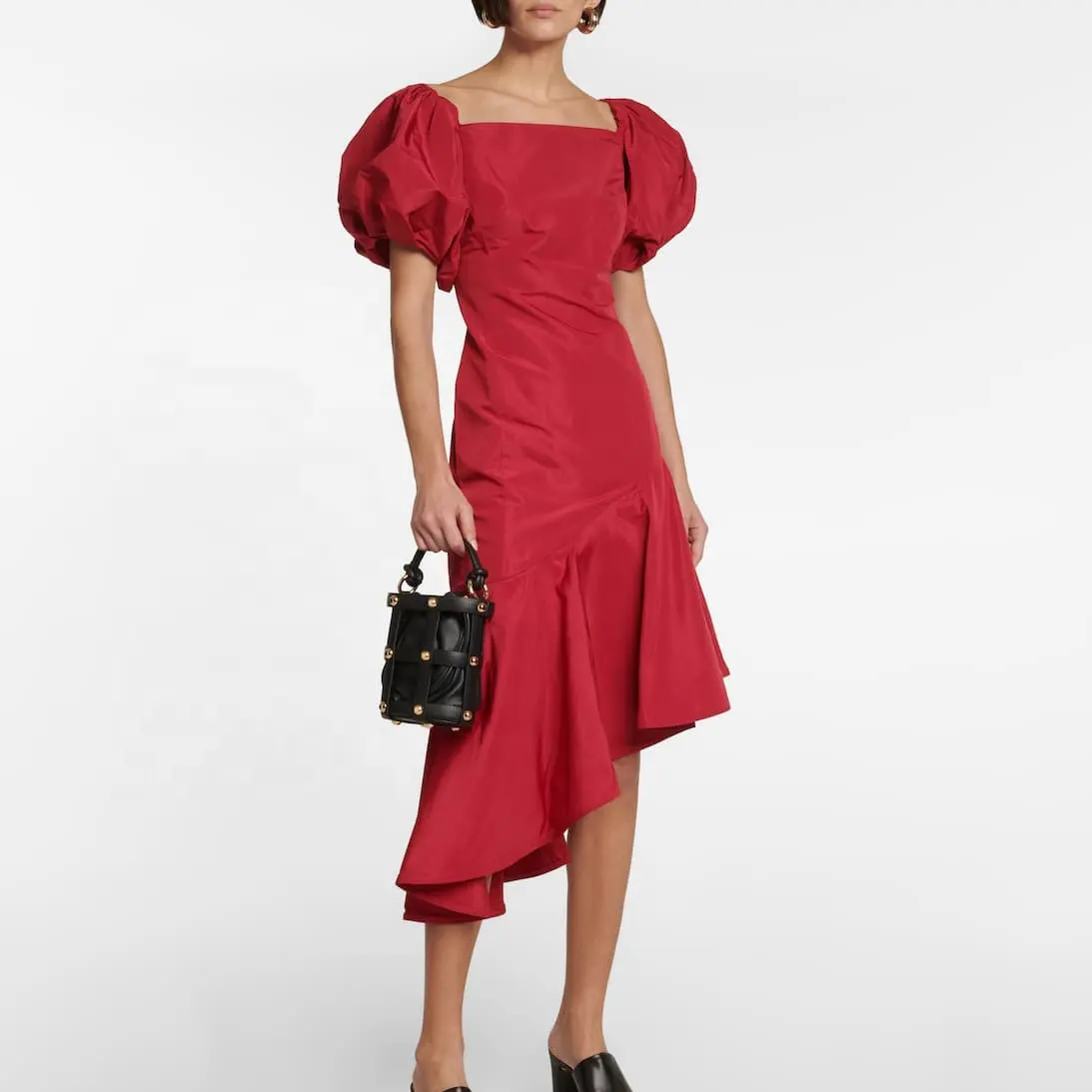 High End Kleid Damen Square Neck Puff Sleeve Elegantes Kleid aus roter Seide Rüschen Taft Asymmetric Hem Midi Kleid für Damen