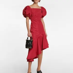 High End Dress Women's Square Neck Puff Sleeve Elegant Red Silk Dress Ruffled Taffeta Asymmetric Hem Midi Dress for Ladies