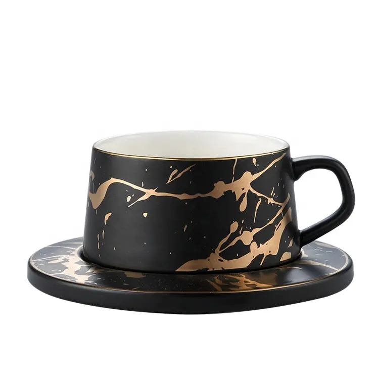 새로운 디자인 골드 crackled 세라믹 커피 컵 도자기 컵과 접시 세트 차 머그잔 컵 접시