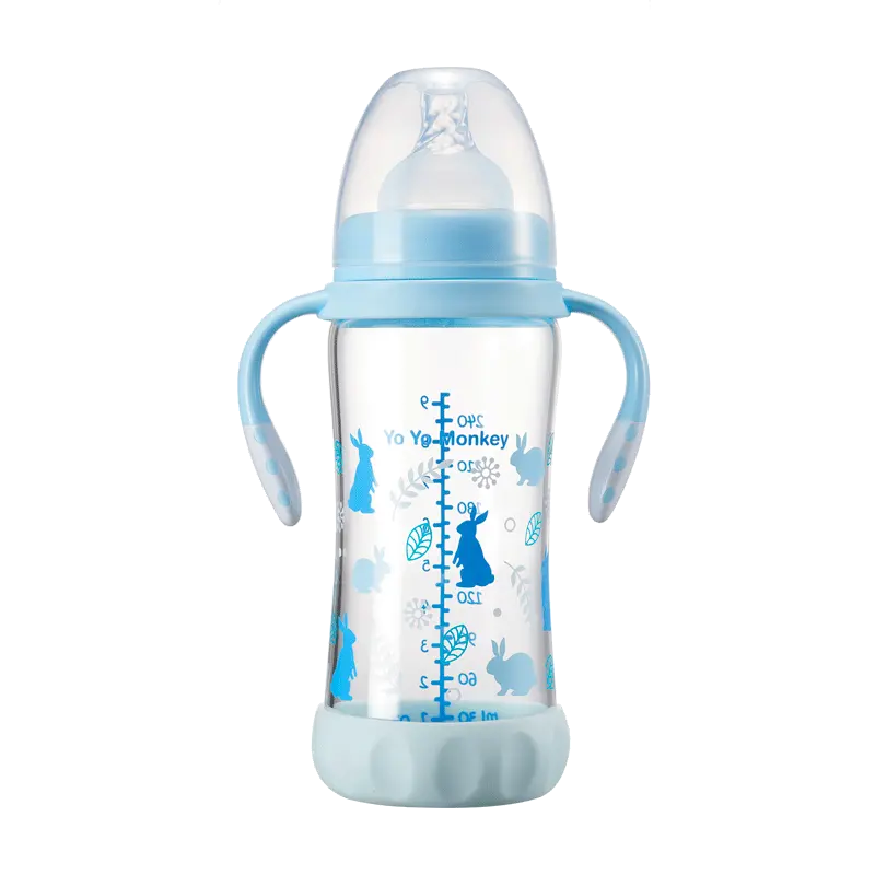 China Hersteller BPA frei Weithals Baby Boro silikat glas Milch flasche mit Silikons tiefeln und abnehmbarem Griff 280ML