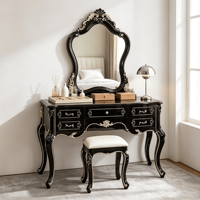 Ensemble coiffeuse antique européenne noir et or avec miroir et tabouret, table de maquillage de luxe pour chambre à coucher, mobilier de maison