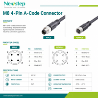 Connecteur M8 étanche IP67 surmoulé 4 broches A-Coded, mâle-femelle, avec écrou en alliage de zinc, fiche aviation, connexions de fils plaquées or