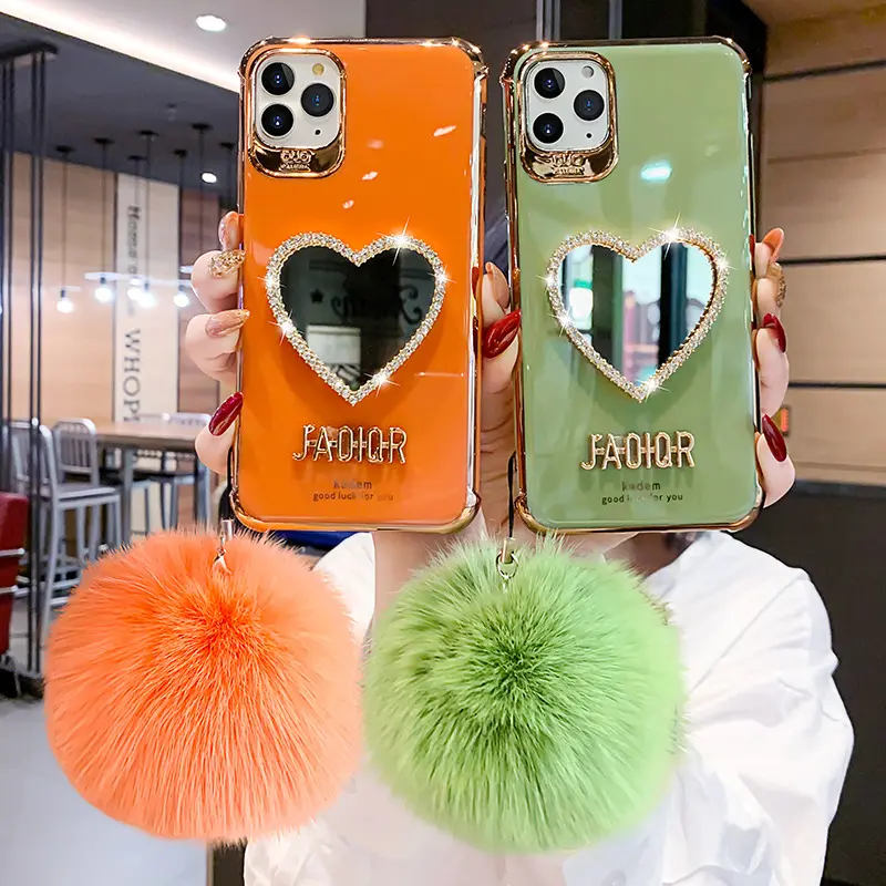 Cute Fluffy Fur Mirror Phone Case For iPhone 11 12 13 14 Pro Max XS XR 14 Plus Girls Shockproof Bumper Kickstand Cover