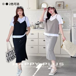 Ensemble deux pièces pour femmes Runqi, haut et jupe gris, manches courtes, couleurs contrastées, tricot de coton, vêtements de sport décontractés, grande taille - Product Image 3