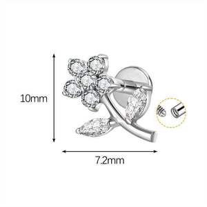 Boucles d'oreilles plates en titane ASTM F136 Lotus avec feuille de fleur et zircone cubique pour cartilage, hélix, piercing corporel G23 - Product Image 6