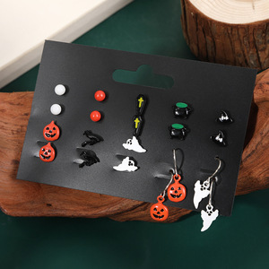 Ensemble de boucles d'oreilles Halloween, clous d'oreilles fantaisie en forme de citrouille, fantôme, chapeau de sorcière, bijoux de fête en alliage, 10,2x6,8cm, acier inoxydable - Product Image 1