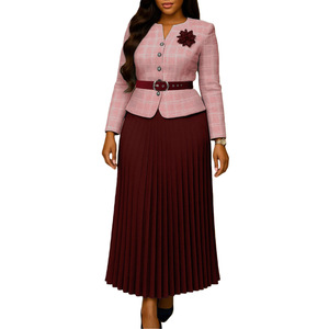 Completi Eleganti da Ufficio per Donna, Giacca Slim a Quadri con Scollo a V e Gonna Plissettata Lunga, Set Due Pezzi per Business - Product Image 6
