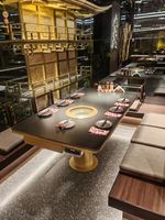 Set kursi meja prasmanan komersial luar ruangan kustom Modern untuk restoran bahan kayu marmer kaca furnitur restoran kustom