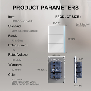 Nam Mỹ tiêu chuẩn 3 gang chuyển đổi điện 10A 115-250V điện áp phạm vi bền PC + Glass Bảng điều chỉnh an toàn Ba chuyển đổi - Product Image 3
