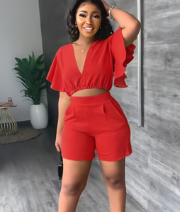 STOCK 8 couleurs jogger <span class=keywords><strong>de</strong></span> sport pour femmes couleur unie à volants recadrée col en V cordon Shorts gilet décontracté deux pièces dames ensemble - Product Image 5