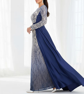 فستان سهرة طويل للنساء بأكمام طويلة مزين بالترتر الأزرق مع حزام خصر وذيل قابل للفصل - Product Image 2
