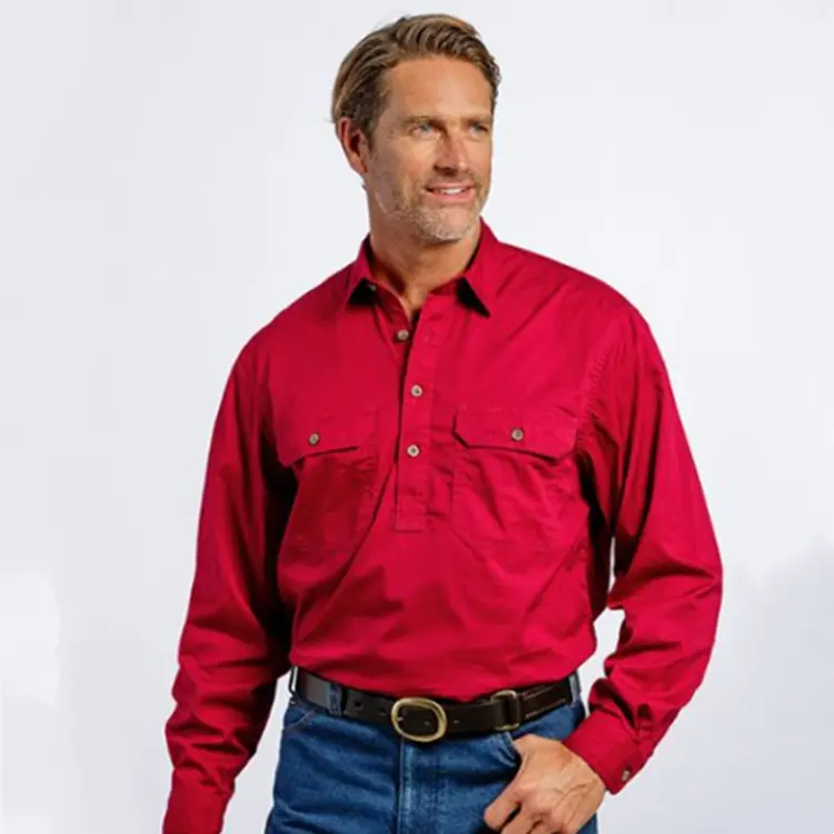 Button Down Shirt Wholesale Australian Mens Custom Cotton Work Shirt Half Button Long Sleeve SPF 50+ Country Work Shirts