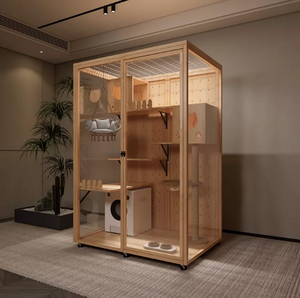 Villa Moderna para Gatos de Madera y Vidrio con Diseño Sólido y Elegante, Casa para Gatos de Múltiples Niveles con Estante de Almacenamiento y Recipiente para Arena, Fácil de Montar - Product Image 1
