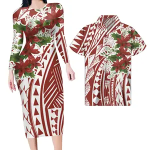 Creative Couple Plus Size Dress And Men Shirt Red Polynesian Tribal Flowers Women Winter Dresses Custom Long Sleeve Maxi Dress