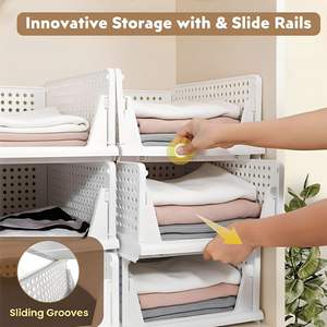 Modern Design Foldable Storage <b>Basket</b> with Thickened PP 35L Capacity Pull-Out Stackable Wardrobe Rack for Bedroom Organizing - Product Image 5