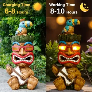 Estatua Tiki con Guitarra, Energía Solar, Figura de Resina con Ojos LED Brillantes, Decoración <span class=keywords><strong>Tropical</strong></span> para Patio o Bar - Product Image 5