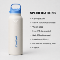 Bouteille d'eau isotherme grande capacité 600 ml en acier inoxydable 316, coque sous vide 201, maintien au chaud 6 à 12 heures, avec poignée et couvercle torsadé, portable pour l'extérieur
