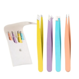 Juego de pinzas y tijeras para cejas de acero inoxidable de 4 piezas profesionales con logotipo personalizado, juego de pinzas para cejas en bolsa de cuero PU - Product Image 1