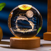 Lampe de table en cristal sculpté avec LED USB, méduse, lune, boule de cristal 3D, veilleuse avec base en bois