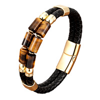Bracelet en cuir tressé double couche pour homme, perles œil de tigre et fermoir magnétique, bracelets perlés pour un usage décontracté et professionnel
