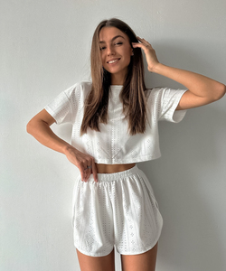 QINSI blanc femmes vêtements de nuit taille élastique fente Shorts <span class=keywords><strong>femme</strong></span> ensemble à manches longues haut court Sexy Lingerie dames <span class=keywords><strong>Chic</strong></span> pyjama ensembles - Product Image 5
