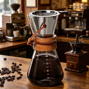 Cafetera de Vidrio Borosilicato de 600 ml con Filtro de Acero Inoxidable y Collar de Madera para el Hogar y Cafeterías - Product Image 5