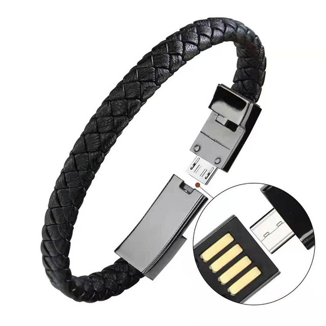 Wrist Ornament 3A Fast Charging Magnetic Braid Shielding Type-C/Micro-USB Leather Bracelet Cable for Computer/iOS/Camera