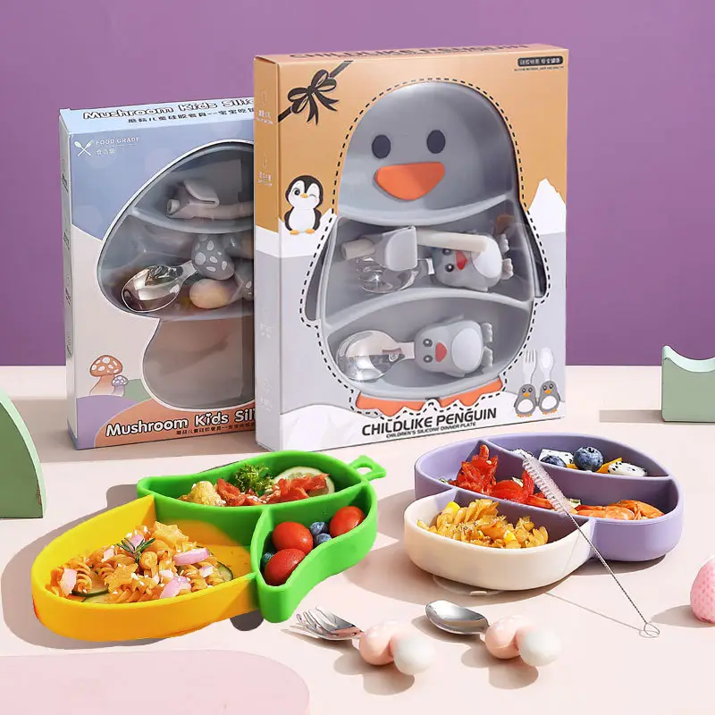 Stainless steels Baby Feeding Set Suction Bowl Divided Plate Kids Feeding Dinner Set