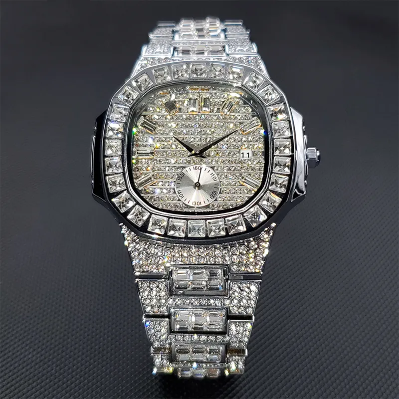 Jam tangan pria Hip Hop, arloji pergelangan tangan mewah 18K, emas, Zirkon, kronograf, baja tahan air, jam tangan penuh berlian