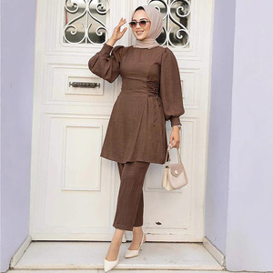 Traje Casual Musulmán Modesto para Mujer Árabe de Oriente Medio, Color Sólido, Top y Pantalón, Mangas Largas Ajustables - Product Image 4